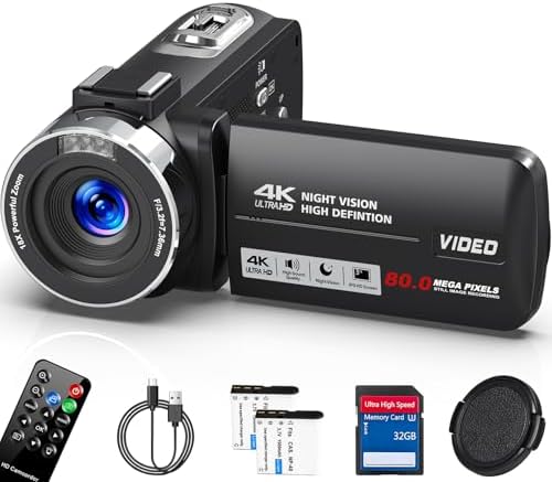 Camcorder Video Camera 4K HD 80MP Vlogging Camera for YouTube, 30FPS IR Night Vision Camera, 18X Digital Zoom 3.0 270°IPS Screen Video Camera with SD Card, 2 Batteries, Remote Control