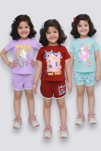 Image of Chandrika Kids Cotton Coordinated Set Pack of 3 half Sleeve And sleeveless T-Shirts & Shorts and skirt Baby Girls Summer Dress Combo