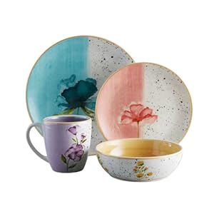 Corona Dinnerware Set 16– piece, Plates Bowls and Mugs Set, Ceramic Sets for 4, Microwave and Dishwasher Safe, Armonia Floral Design