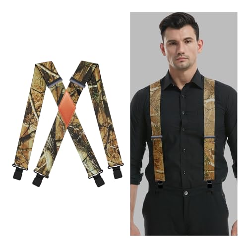 Camo Suspenders for Men Heavy Duty 2 Inch Wide Adjustable X Back Clip-On Suspenders for Men Big and Tall with 4 Strong Clips Elastic Mens Suspender for Dress Pants Jeans Work Tuxedo & Formal Wear