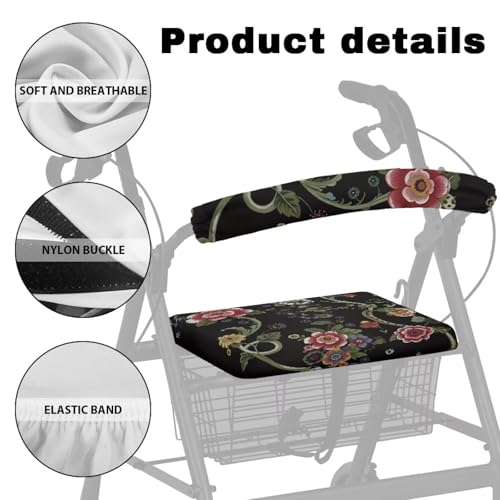 Image of Flowers Rollator Accessories for Ladies Soft Rollator Walker Seat and Backrest Covers Cute Walkers for Seniors with Seat Covers