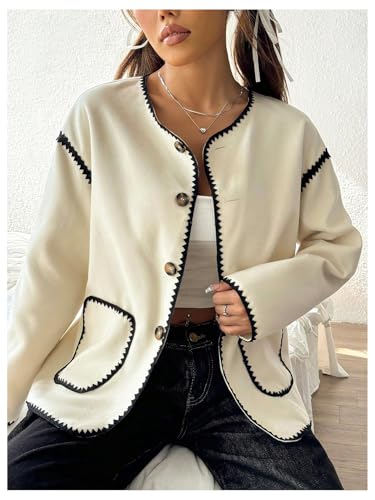 MakeMeChic Women's Button Down Long Sleeve Wool Coat Crewneck Jackets3