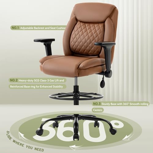 Image of Drafting Chair,Executive Tall Office Chair Flip-up Armrests for Counter Height Desk Drawing Use,High Task Chair with Adjustable Foot Ring & Inflatable Lumbar Support, Swivel Computer Stool,PU Brown