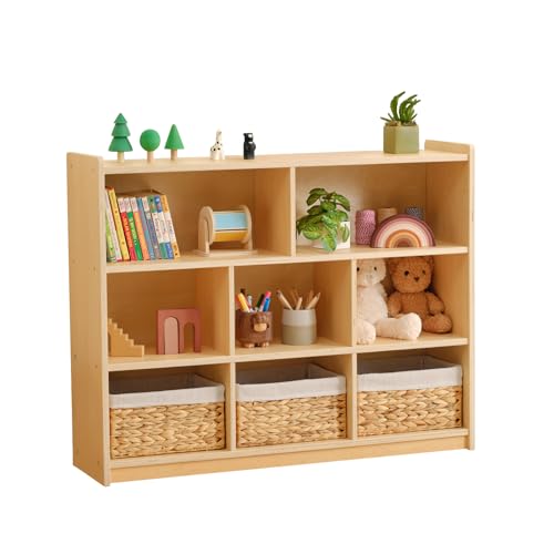 Image of OOOK Montessori Toy Shelf, 35.4" H, 3-Tier Toy Storage Organizer with 8 Cubby, Wooden Storage Cabinet, Montessori Shelves for Playroom, Nursery, Daycare, Preschool, Classroom Furniture