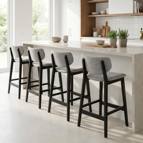 Butacos modernos de altura para barra EALSON, juego de 2 unidades, con respaldo y tapizado en tela de lino gris, estructura de madera negra, para isla de cocina, comedor o pub miniatura 5