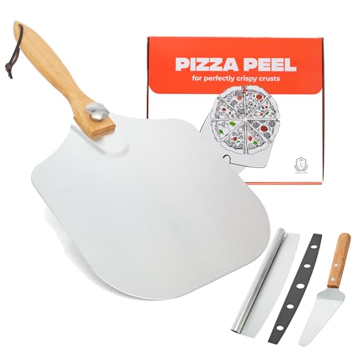 Pizza Peel Aluminum Pizza Spatula 12 x 14 inch with Foldable Wooden Handle Pizza Cutter Rocker with Blade Cover – Perfect Pizza Oven Accessories for Indoor & Outdoor Use, Pizza Lovers Gift