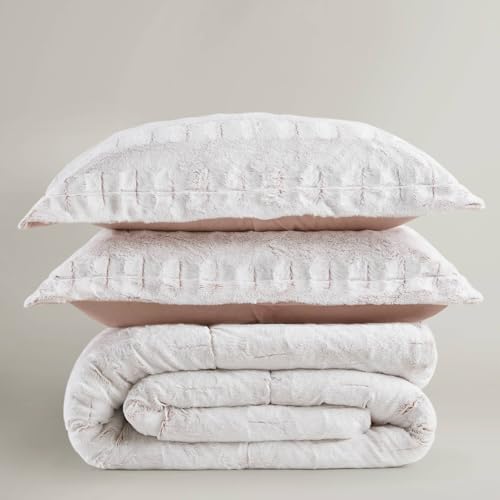 Image of Madison Park Soft Plush Comforter Long Faux Fur Design, Mid Century, Modern All Season Down Alternative Bedding Set with Matching Sham, Full /Queen, Gia, Blush /White 3 Piece