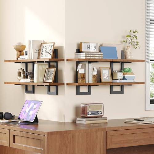 Image of HOOBRO Floating Shelves, 15 Inch Wall Shelf Set of 4, Wall Mounted Storage Shelves 2-Tier, Hanging Bathroom Shelves, for Living Room, Bedroom, Bathroom, Kitchen, Rustic Brown and Black BF32BJP401