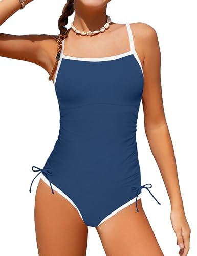 TyeSmo Girls Swimsuit One Piece Swimsuits for Teen Girls Color Block Strap Teen Swimsuits for Girl 12-14 Drawstring Swimwear Bathing Suit for Teens 12-14 Girl Size 12 Swimsuit with Padded Dark Blue