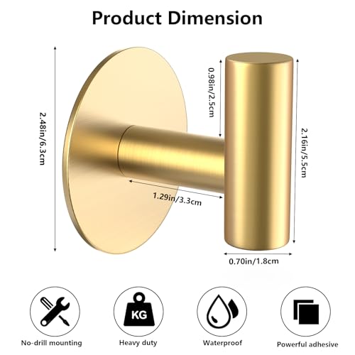 Image of Gold Stainless Steel Wall Hooks, Heavy Duty Self-Adhesive Hooks for Coats, Towels, Robes, Hats, Aprons - No Drill Bathroom, Kitchen, Hotel (2 Pack)