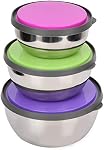 3Pcs Stainless Steel Mixing Bowls Colorful Silicone Bottom with Lids Nesting for Space Saving Storage Container Kitchen Tool Polished Mirror Finish