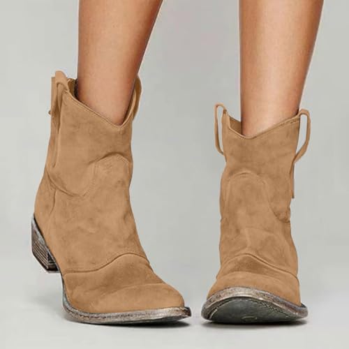 Suede Ankle Boots for Women, Western Ankle Cowboy Boots Low Heel Mid Calf Cowgirl Slip On Round Toe Booties Back Zipper Fall Short Ankle Booties Winter2