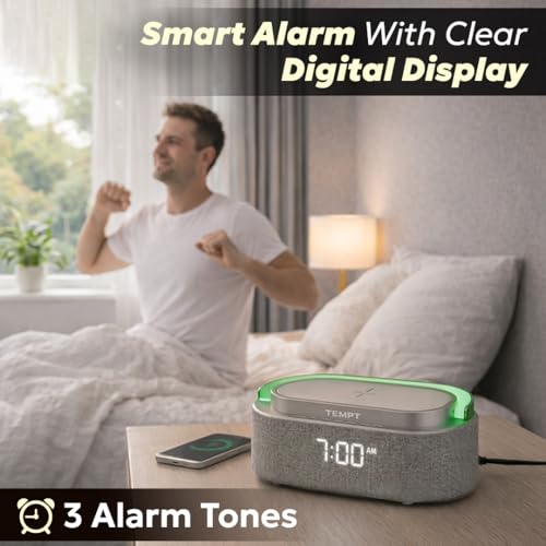 Image of TEMPT Privee Fusion 4-in-1 Bluetooth Speaker, Charger, Clock & Stand, Grey | 16W Sound Output, 15W Wireless Charging, 12 RGB Light Modes, Dual Subwoofers, 7 Hour Playtime, Bright Digital Screen Displays