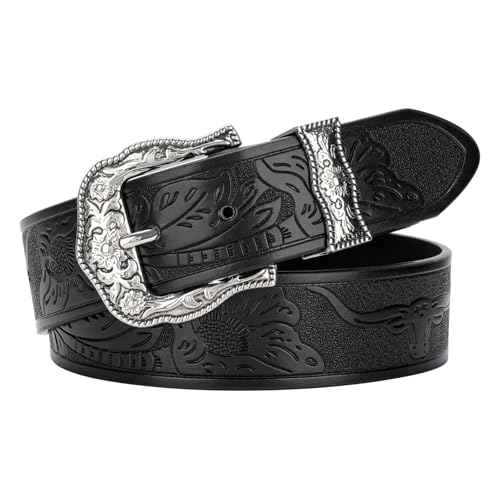 VONMELLI Western Belt for Women Men Cowboy Cowgirl Belt for Jeans Pants with Vintage Floral Carved Buckle Black Fit for Waist Size 27-31
