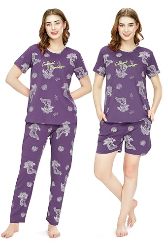 Image of ZEYO Night Suit for Women's Cheetah & Floral Printed Cotton Night Dress of Top,Pajama & Short's 3Pc'S Set 5733