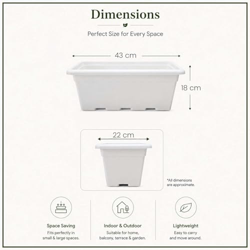 Image of Go Hooked Jupiter Window Planter Pot Pack of 12 | 17 Inch White Plastic Rectangular Flower Planter for Indoor Outdoor Plants Balcony Garden Home Decor | Decorative Plant Container L43 x W22 x H18 Cm