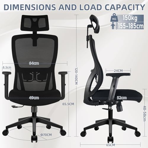 Durrafy Office Chair, Desk Chair with Adjustable Headrest, Lumbar support and Liftable Armrest, High Back Ergonomic Office Chair, Breathable Mesh Backrest for Comfy, Computer Chair for Home/Office - Image 2