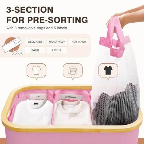 Hampers for Laundry Basket with Lid, 160L Extra Large 3 Section Clothes Divided Organizer for Bedroom, Laundry Room, Dirty Clothing Hamper, Pink