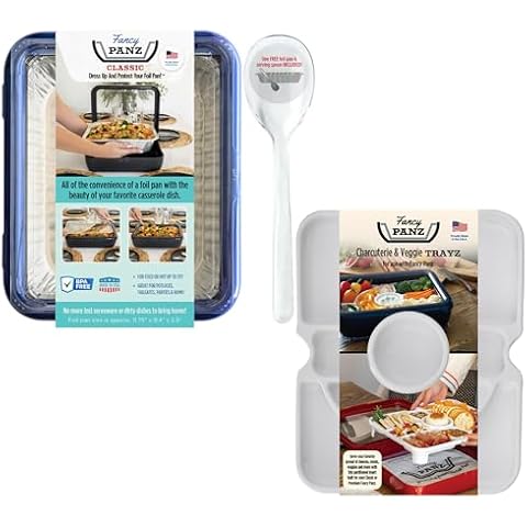 Fancy Panz Bundle, Navy Classic Charcuterie Trayz Insert, Made in the USA Foil Pan Carrier, Travel Casserole Carrier with Disposable Aluminum Pan & Reusable Serving Spoon Cover
