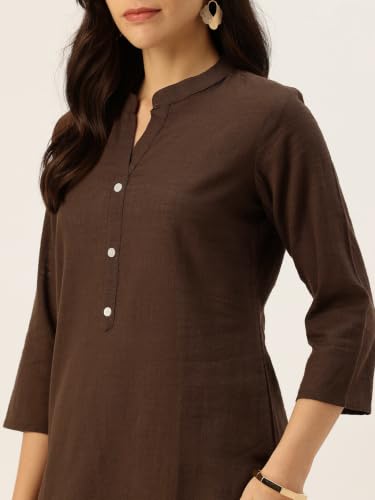Image of feranoid Women's Plain Cotton Kurta with Mandarin Collar, 3 /4 Sleeves & Pocket