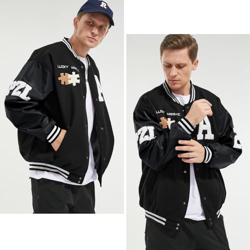 Image of Mens Varsity Jacket Baseball Bomber Jacket Vintage Unisex Streetwear Coats with Patchwork Hipster Utility Tops