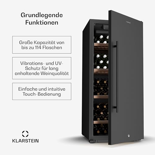 Klarstein CellarMax Weinkühlschrank Freistehend - 114 Flaschen, 5-20 °C, Touch-Bedienung, Metalltür, Alarm, 1 Zone, Holzregale, Energieklasse E