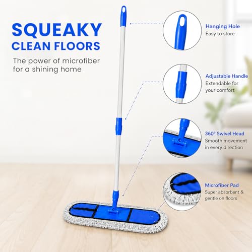 Image of Zureni Floor Sweeping Mop Wet and Dry Microfiber with 4 Ft Long Telescopic Handle, 360 Degree Rotating Floor Cleaning Mop for Home & Kitchen (18 Inch Head and 1 Extra Refill)