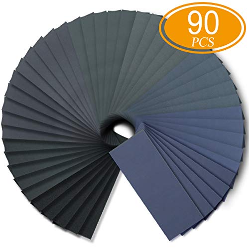 Wet Dry Sandpaper, Assortment 240-3000 Grit for Automotive Wood Plastic Sanding, 90pcs