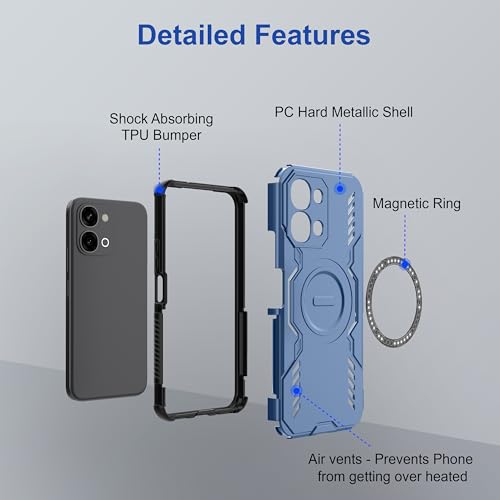 Image of Zapcase Back Case Cover for Vivo T5x 5G | Magnetic Case with Built-in Metal Ring | Supports MagSafe Charger, Wallet & Car Mount | Shockproof Hybrid PC + TPU | Blue