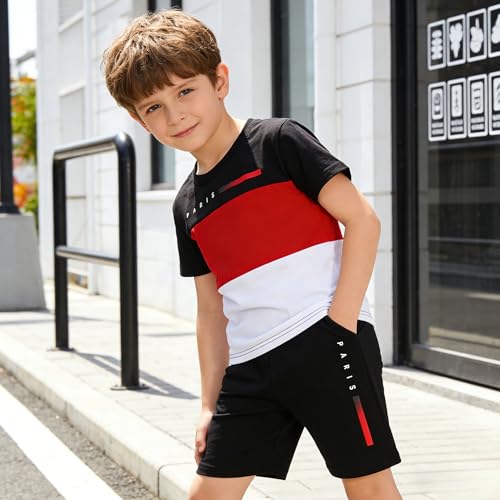 Image of Yoxindax Toddler Kid Boy Clothes Colorblock Letter Graphic Tee Shorts 2PC Summer Outfit Set
