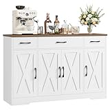HOCSOK Aparador 140cm, Armario de Cocina, Armario Almacenaje con 4 Puertas y 3 Cajones, Mueble Auxiliar de Cocina con Estantes, para Comedor Entrada Salón, Blanco y Marrón