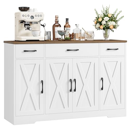 HOCSOK Aparador 140cm, Armario de Cocina, Armario Almacenaje con 4 Puertas y 3 Cajones, Mueble Auxiliar de Cocina con Estantes, para Comedor Entrada Salón, Blanco y Marrón