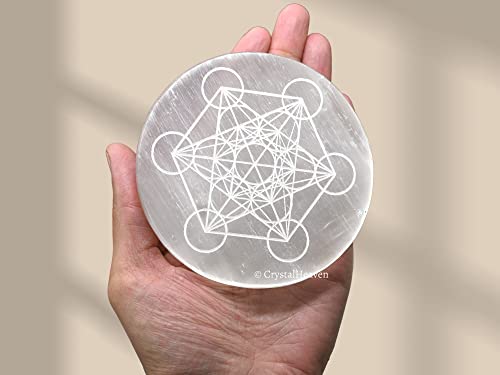 Image of Crystal Heaven Certified Selenite Charging Plate,4 Inch Engraved Metatron Cube Selenite Plate For Crystal Cleansing Re-Energy Work,Meditation And Pooja