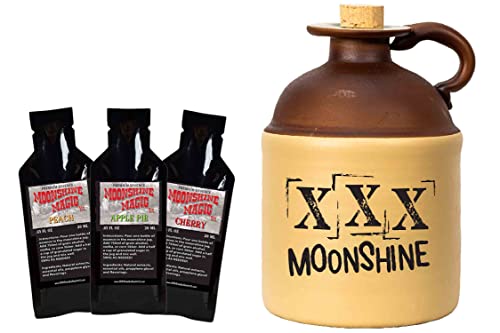 Moonshine Making Kit with 750ml Glass Moonshine Jug & Liquor Essence Flavorings (Peach, Cherry, Apple Pie Flavors) - XXX Old Style, Liquor Whiskey Decanter Bottle & Essences Gift Set For Men (B271)