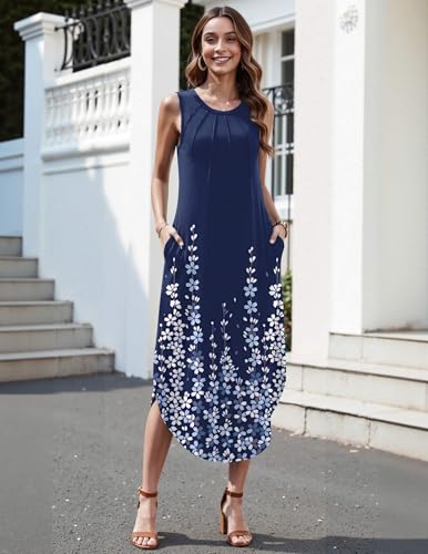 Image of Zeagoo Women Floral Summer Casual Beach Printed Tank Dress with Pockets Pleated Front Long Dress