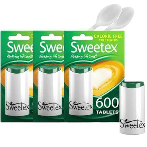 Sweetex Zero Calorie Sucralose Sweetener Tablets 600 Count (3 Pack) - Sugar Free Dispenser - Perfect Sweeteners for Tea Coffee & Hot Drinks - Includes Reusable Spoons