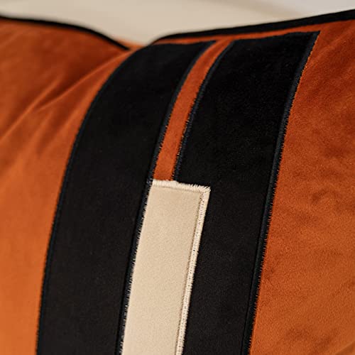 Yangest HU-XI-93 Burnt Orange Decorative Velvet Lumbar Throw Pillow Cover Striped Patchwork Cushion Case Modern 12X20 Inch Pillowcase thumb #2