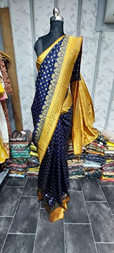 Image of AKHILAM Women's Silk Blend Woven Border Saree with Unstitched Blouse Piece