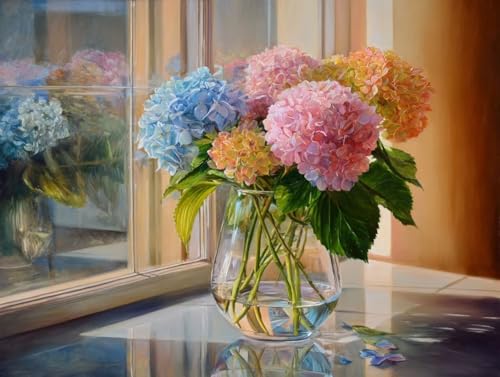 大人のための数字油絵キット DIY カラーアジサイ 油絵セット 50x70cm アクリル絵の具 筆 ブラシ/フレームレス癒し ストレス解消 趣味 プレゼント- 集中力とリラックス効果、インテリアとして、贈り物に最適、脳トレにも、デコレーション、簡単、人気、