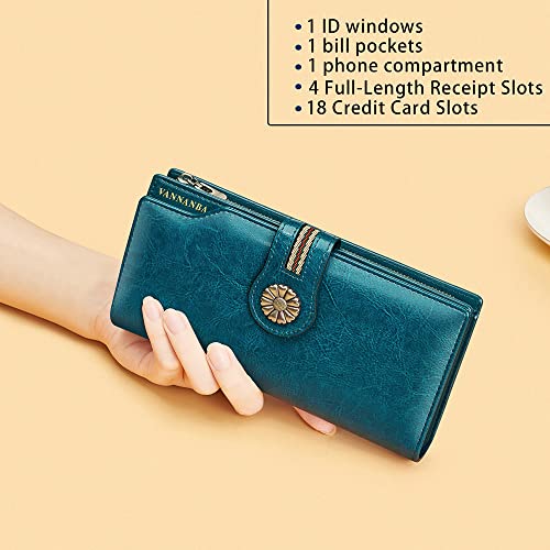 VANNANBA Large Capacity Clutch Wallet For Women RFID Blocking Waxed Genuine Leather Zipper Wallet Ladies Card holder (Peacock blue)3