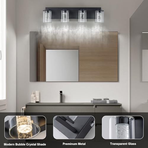 Image of SineRise Bathroom Vanity Light with 3 Color Modes (3000K /4000K /6000K), Eye Protection LED Bathroom Light Fixture, Dimmable Modern Wall Light Over Mirror with Clear Glass Shade (Black, 4-Light)