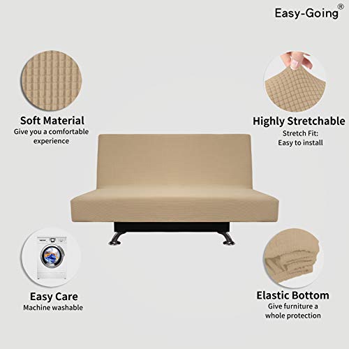 Image of Easy-Going Stretch Medium Futon Slipcover Armless Futon Cover Sand | Sofa Bed Furniture Protector Without Armrests with Elastic Bottom for Kids, Soft Jacquard Machine Washable