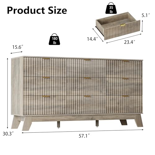 Image of Grey Dresser 9 Drawer Dresser for Bedroom, 57''Wide Fluted Wooden Dresser Storage Cabinet and Chest of Drawers with Metal Handle, Storage Organizer for Living Room, Hallway, Entryway, Gray