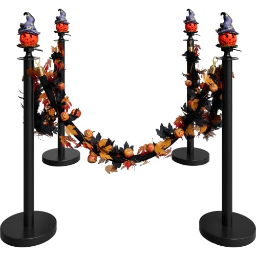 Image of 4 Pack Halloween Hat Pumpkin Head Black Stanchions and Velvet Ropes Set, Stainless Steel Crowd Control Barriers, 3Pcs Black Ropes and Poles for Party,Photobooth Accessories, Prom,Halloween Decorations