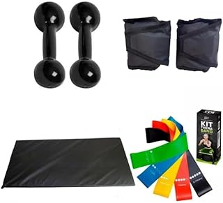 Combo Fitness Par Halteres 01 Kg + Tornozeleira 02 Kg + Colchonete Preto + Kit 05 Elásticos Multi Tensão