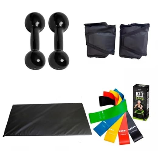 Combo Fitness Par Halteres 01 Kg + Tornozeleira 02 Kg + Colchonete Preto + Kit 05 Elásticos Multi Tensão