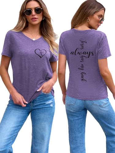 Image of Jesus Christian Shirts Womens Jesus Always Has My Back Tshirt Religious Faith T-Shirt V Neck Inspirational Funny Top