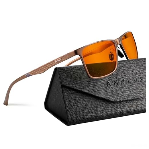 ANYLUV Blue Light Glasses Men, Relieve Eyestrain and Eye Protection, Al-Mg Metal Computer Blue Light Blocking Glasses Orange Brown
