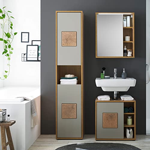 GREECE Hoge badkamerkast in basalt, Wotan eikenlook met hersenhouten applicaties, badkamerkast met veel opbergruimte, 40 x 190 x 30 cm (b x h x d) - Afbeelding 6