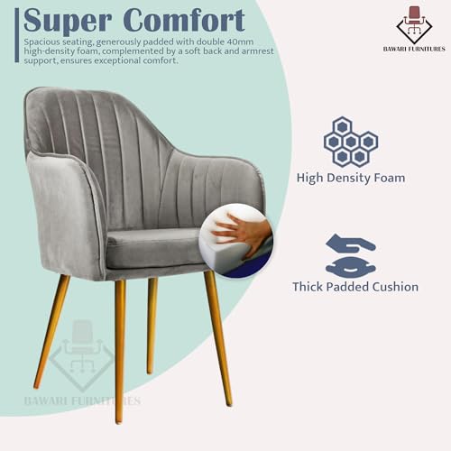 Image of Accent Chair for Living Room| Soft Velvet Fabric Armchair with Multi Colour Leg Options | Modern Chair with Thick Cushion for Home Office restaurent and cafes| 1pc (Golden Legs, Grey)